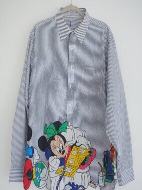 Vintage Minnie Mouse Blue White Stripe Disney Button Front Tunic Shirt XL